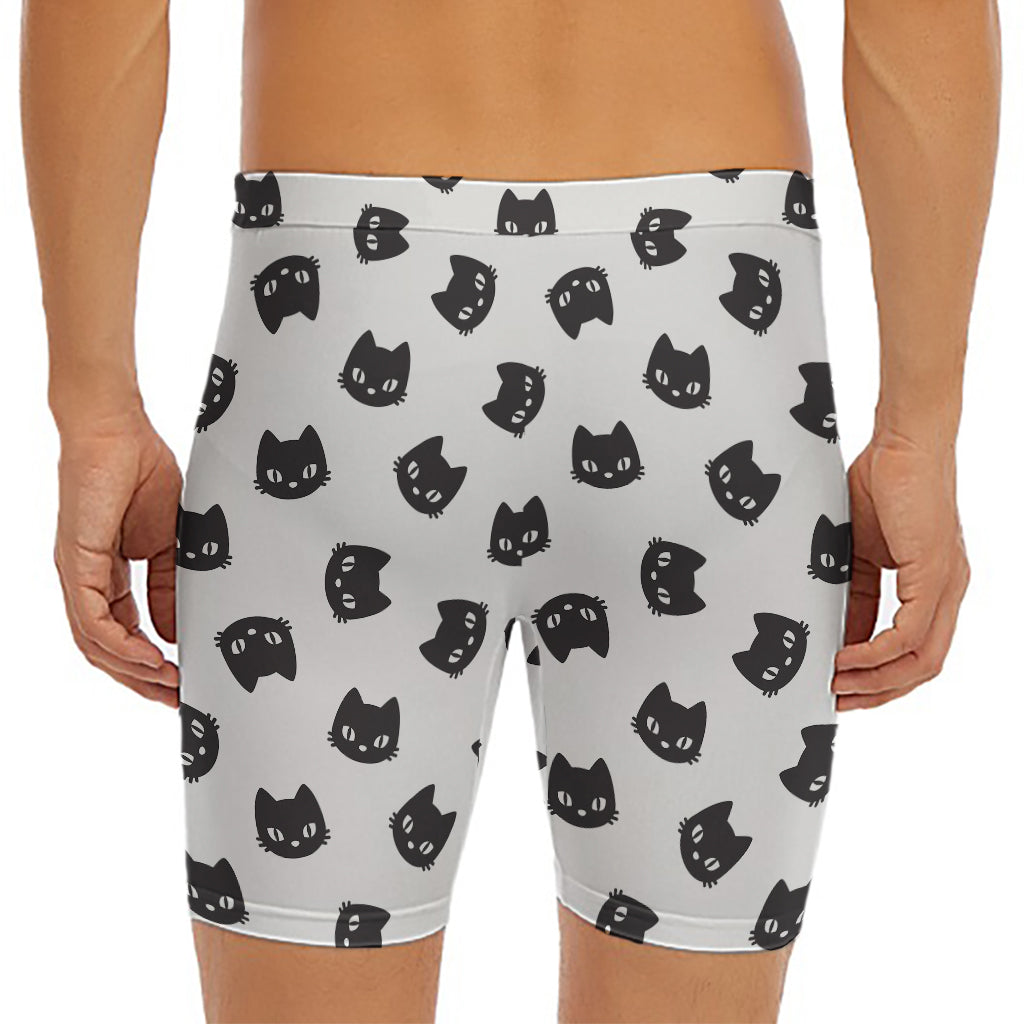 Black And White Cat Pattern Print Men's Long Boxer Briefs