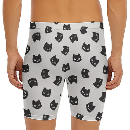 Black And White Cat Pattern Print Men's Long Boxer Briefs