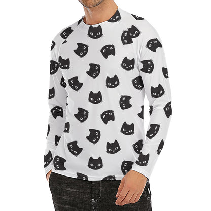 Black And White Cat Pattern Print Men's Long Sleeve Rash Guard