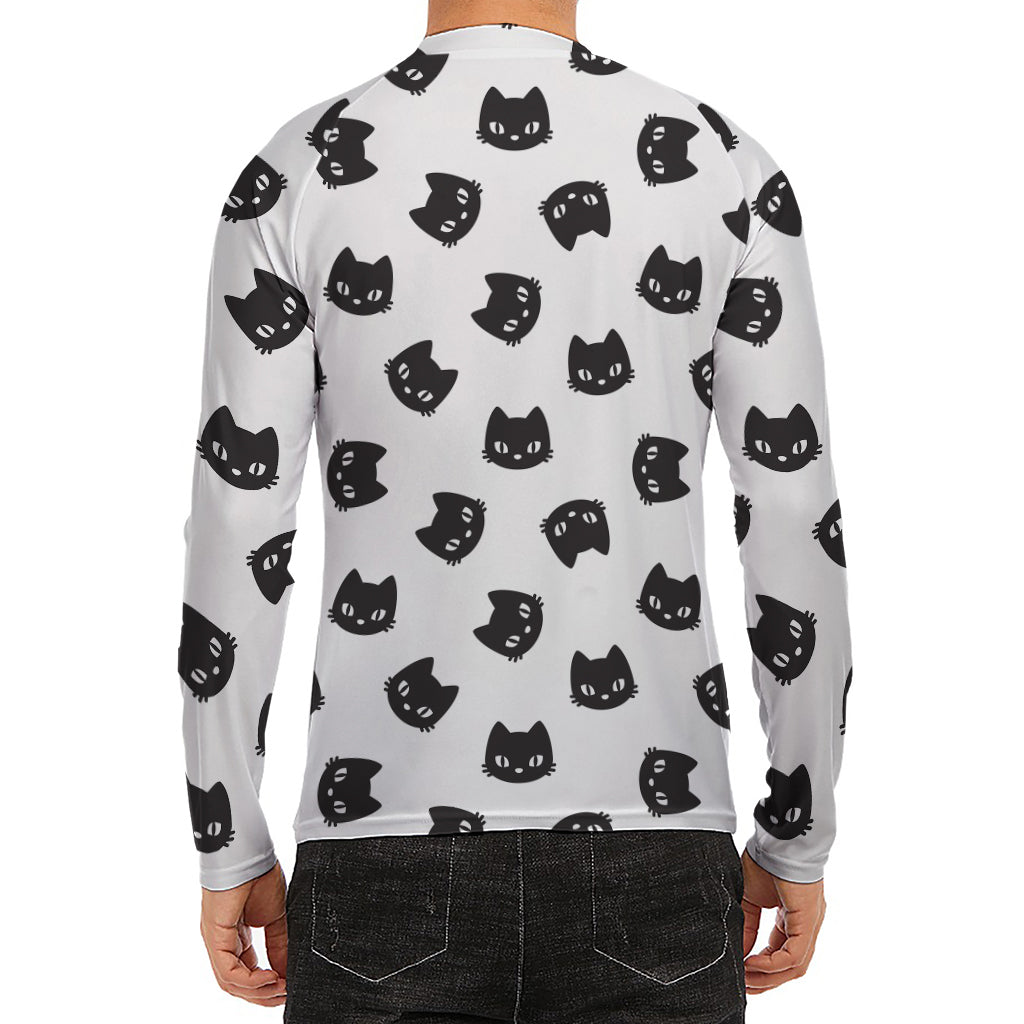 Black And White Cat Pattern Print Men's Long Sleeve Rash Guard
