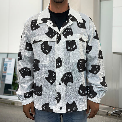 Black And White Cat Pattern Print Men's Shirt Jacket