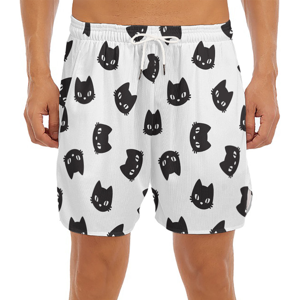 Black And White Cat Pattern Print Men's Split Running Shorts