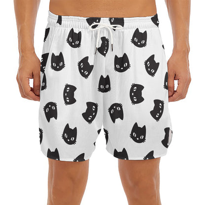 Black And White Cat Pattern Print Men's Split Running Shorts