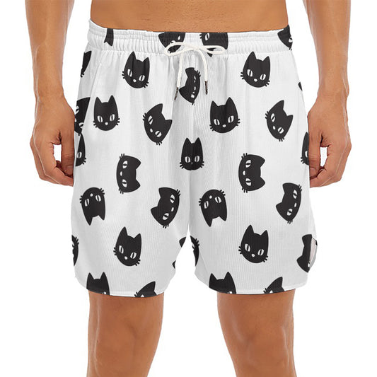 Black And White Cat Pattern Print Men's Split Running Shorts