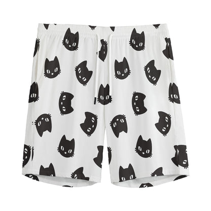 Black And White Cat Pattern Print Men's Sports Shorts
