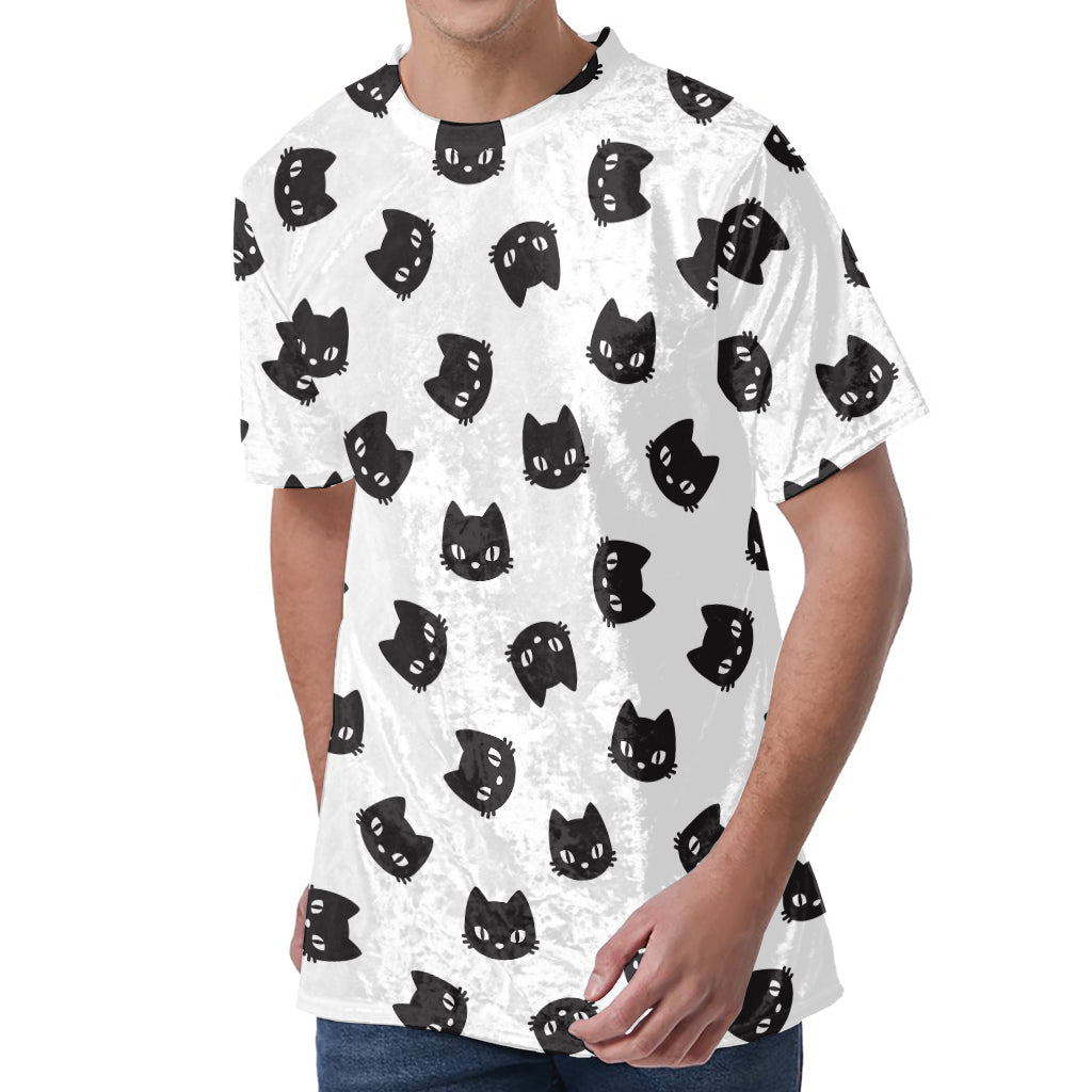 Black And White Cat Pattern Print Men's Velvet T-Shirt