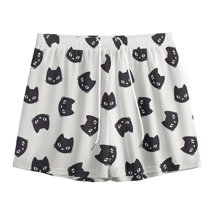 Black And White Cat Pattern Print Mesh Shorts