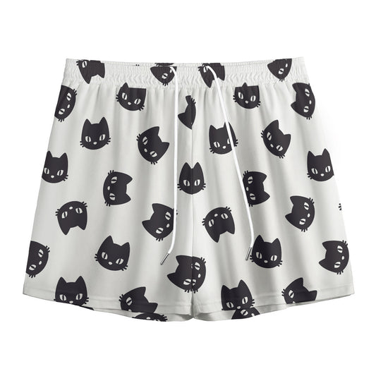 Black And White Cat Pattern Print Mesh Shorts