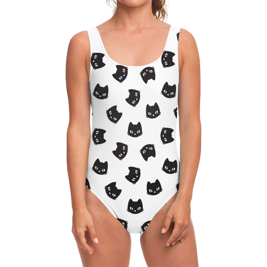 Black And White Cat Pattern Print One Piece Swimsuit