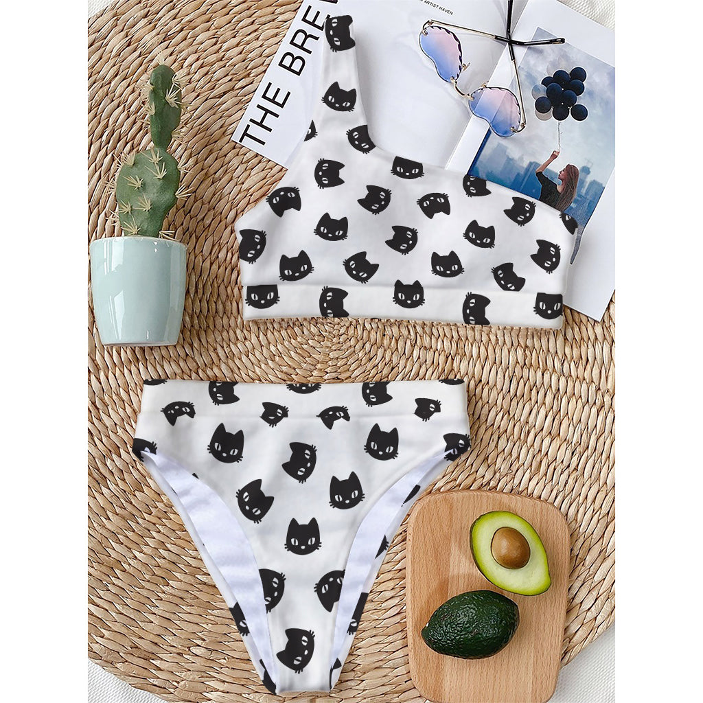 Black And White Cat Pattern Print One Shoulder Bikini Top