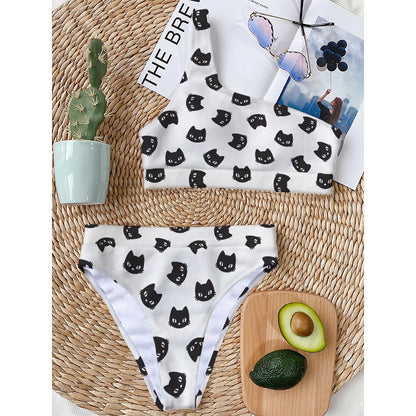 Black And White Cat Pattern Print One Shoulder Bikini Top