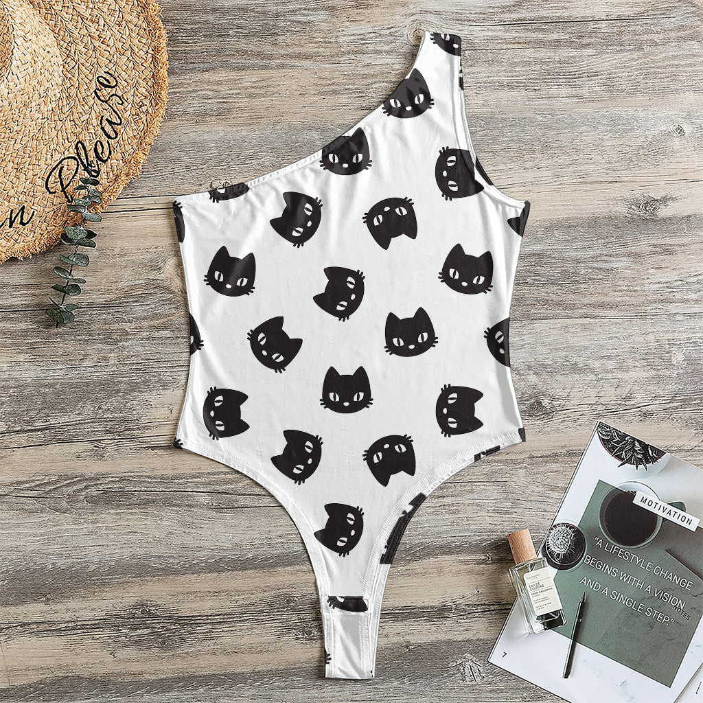 Black And White Cat Pattern Print One Shoulder Bodysuit