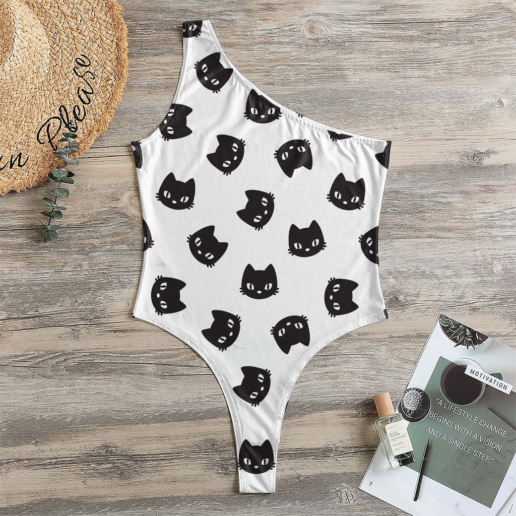 Black And White Cat Pattern Print One Shoulder Bodysuit