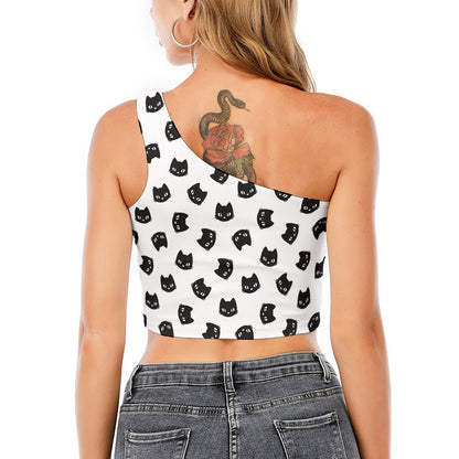 Black And White Cat Pattern Print One Shoulder Crop Top