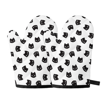 Black And White Cat Pattern Print Oven Mitts