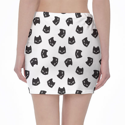 Black And White Cat Pattern Print Pencil Mini Skirt