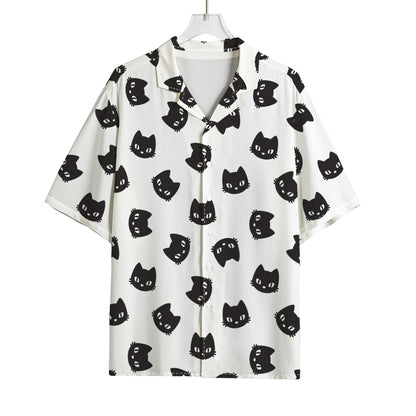 Black And White Cat Pattern Print Rayon Hawaiian Shirt