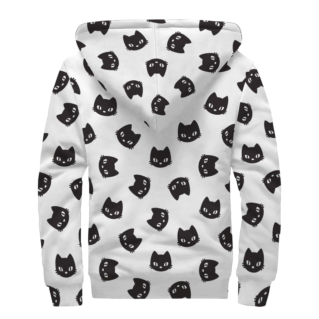 Black And White Cat Pattern Print Sherpa Lined Zip Up Hoodie