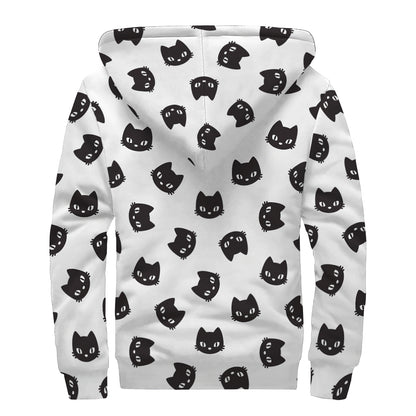 Black And White Cat Pattern Print Sherpa Lined Zip Up Hoodie