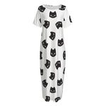 Black And White Cat Pattern Print Short Sleeve Long Nightdress