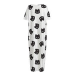 Black And White Cat Pattern Print Short Sleeve Long Nightdress