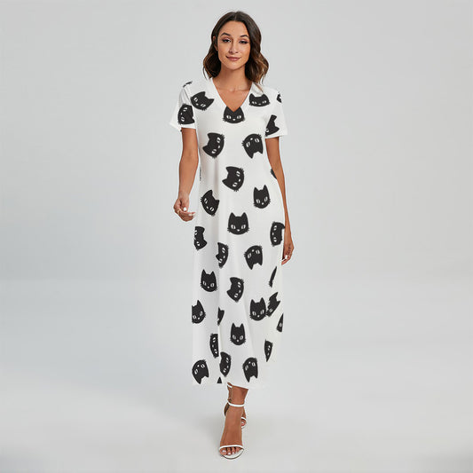 Black And White Cat Pattern Print Short Sleeve Maxi Dress