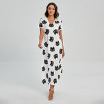 Black And White Cat Pattern Print Short Sleeve Maxi Dress