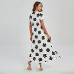Black And White Cat Pattern Print Short Sleeve Maxi Dress
