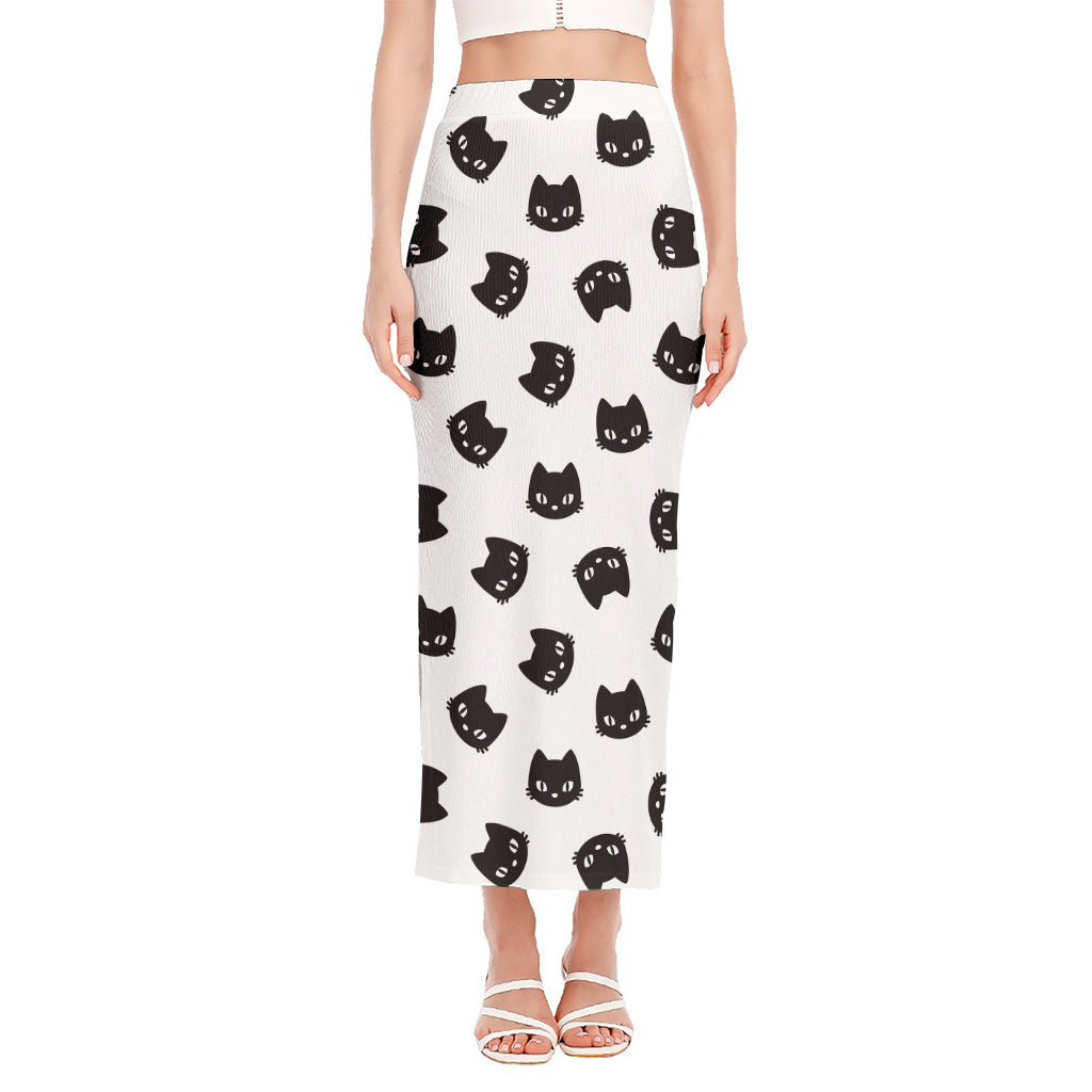 Black And White Cat Pattern Print Side Slit Maxi Skirt