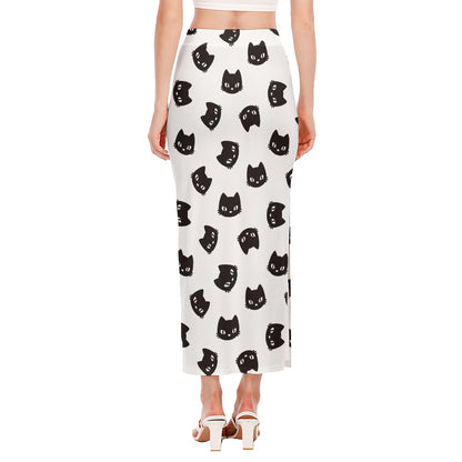 Black And White Cat Pattern Print Side Slit Maxi Skirt