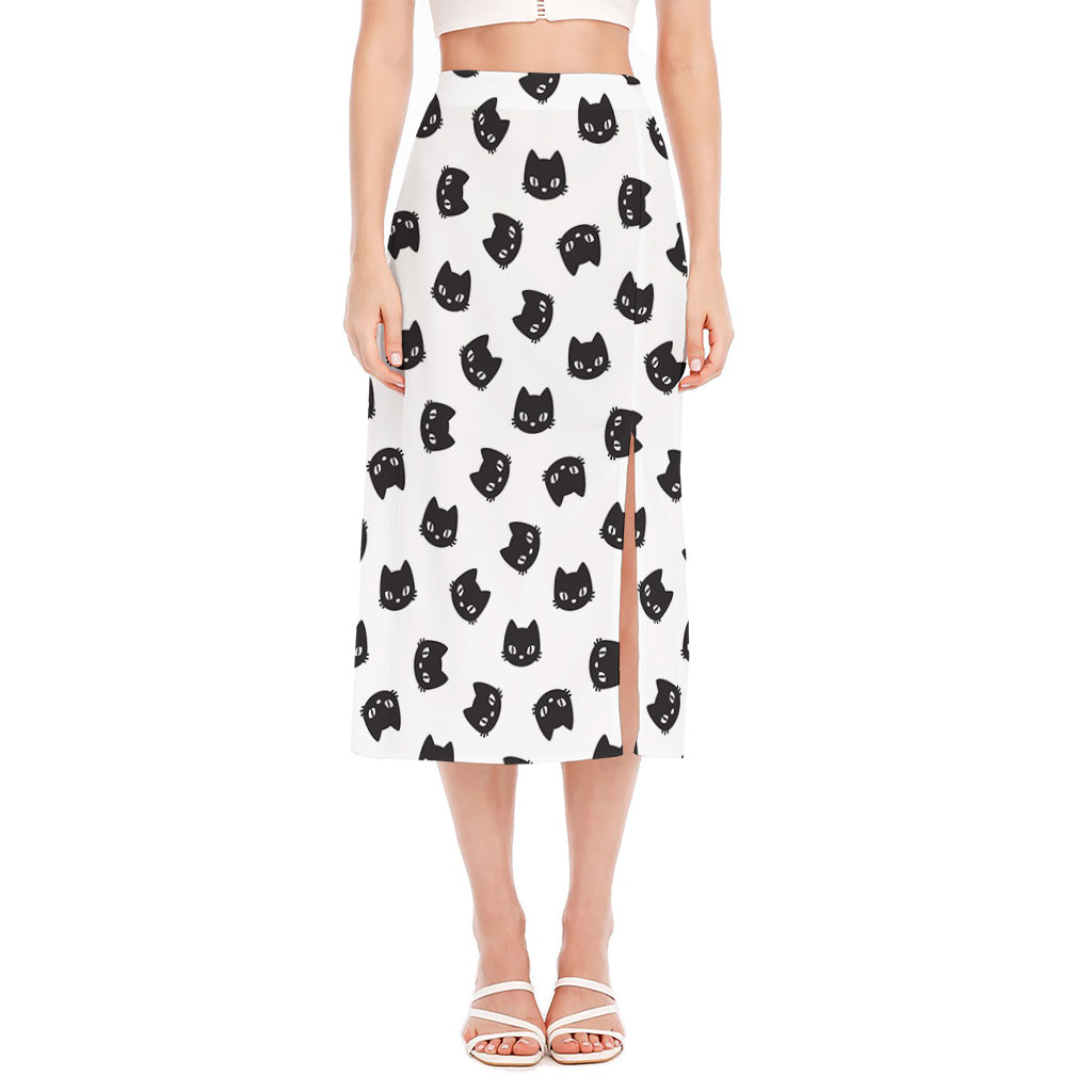 Black And White Cat Pattern Print Side Slit Midi Skirt