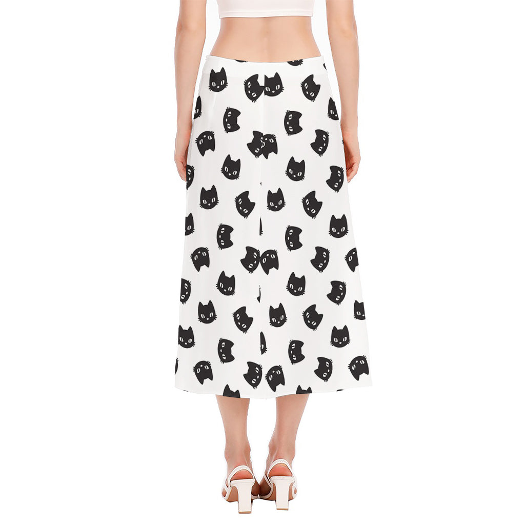 Black And White Cat Pattern Print Side Slit Midi Skirt