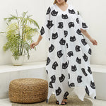 Black And White Cat Pattern Print Silk V-Neck Kaftan Dress