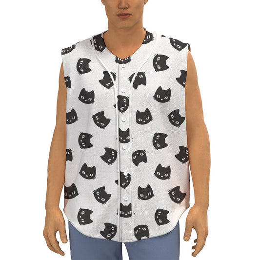 Black And White Cat Pattern Print Sleeveless Baseball Jersey