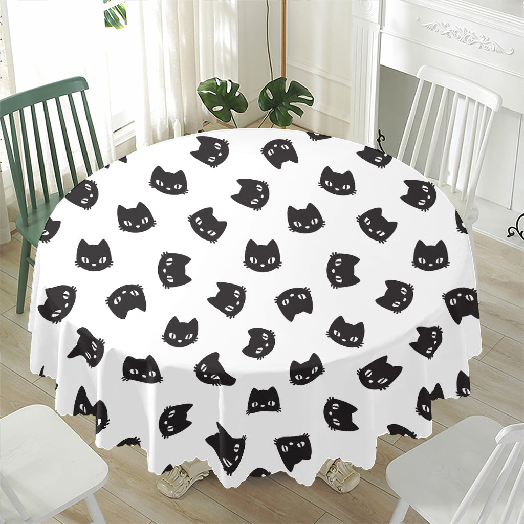 Black And White Cat Pattern Print Waterproof Round Tablecloth
