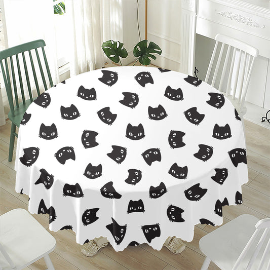 Black And White Cat Pattern Print Waterproof Round Tablecloth