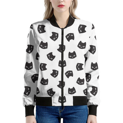 Black And White Cat Pattern Print Women's Bomber Jacket