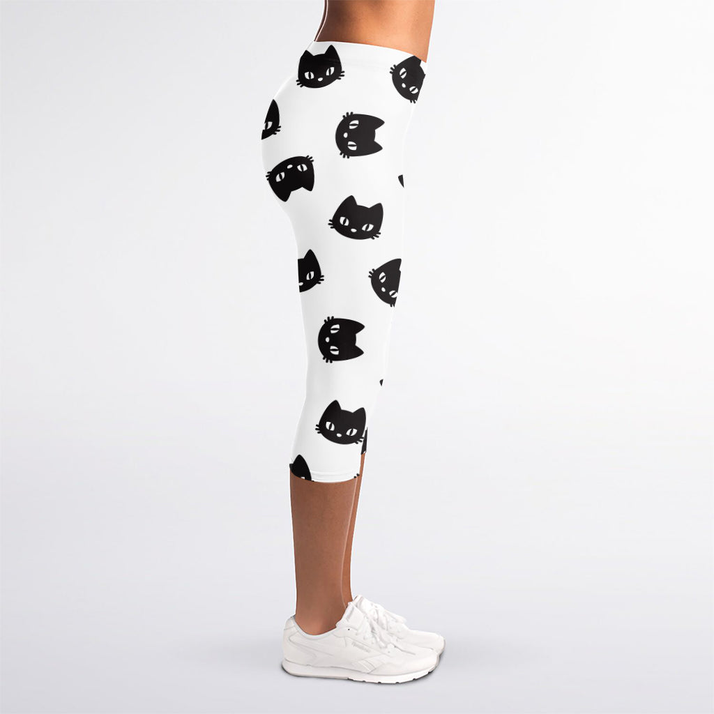 Black And White Cat Pattern Print Women's Capri Leggings