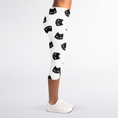 Black And White Cat Pattern Print Women's Capri Leggings