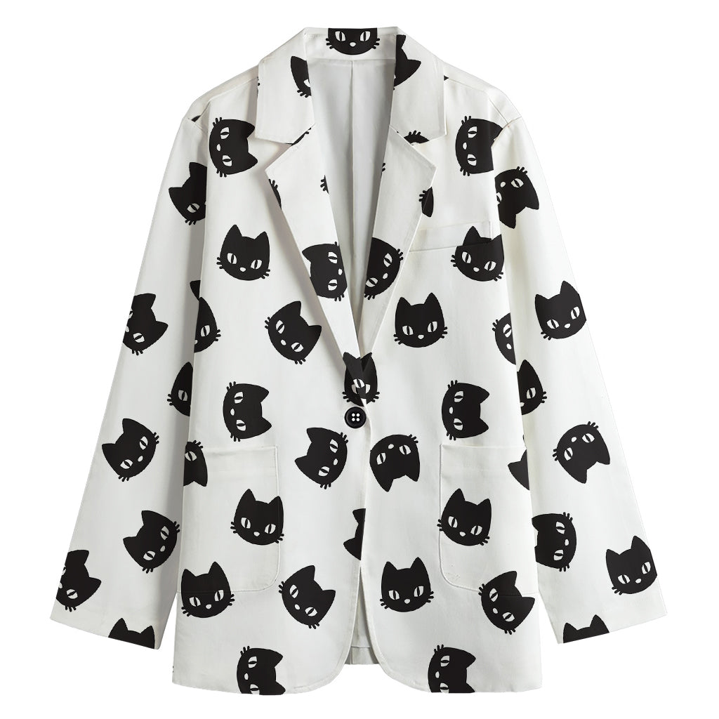 Black And White Cat Pattern Print Women's Cotton Blazer