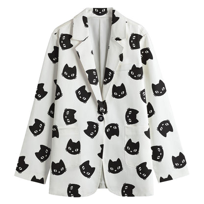 Black And White Cat Pattern Print Women's Cotton Blazer