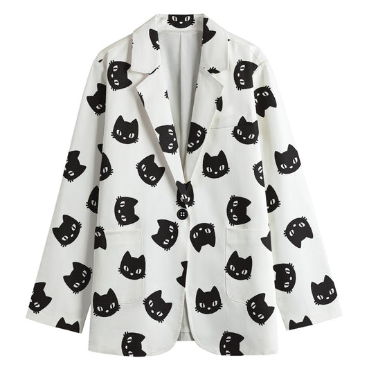 Black And White Cat Pattern Print Women's Cotton Blazer