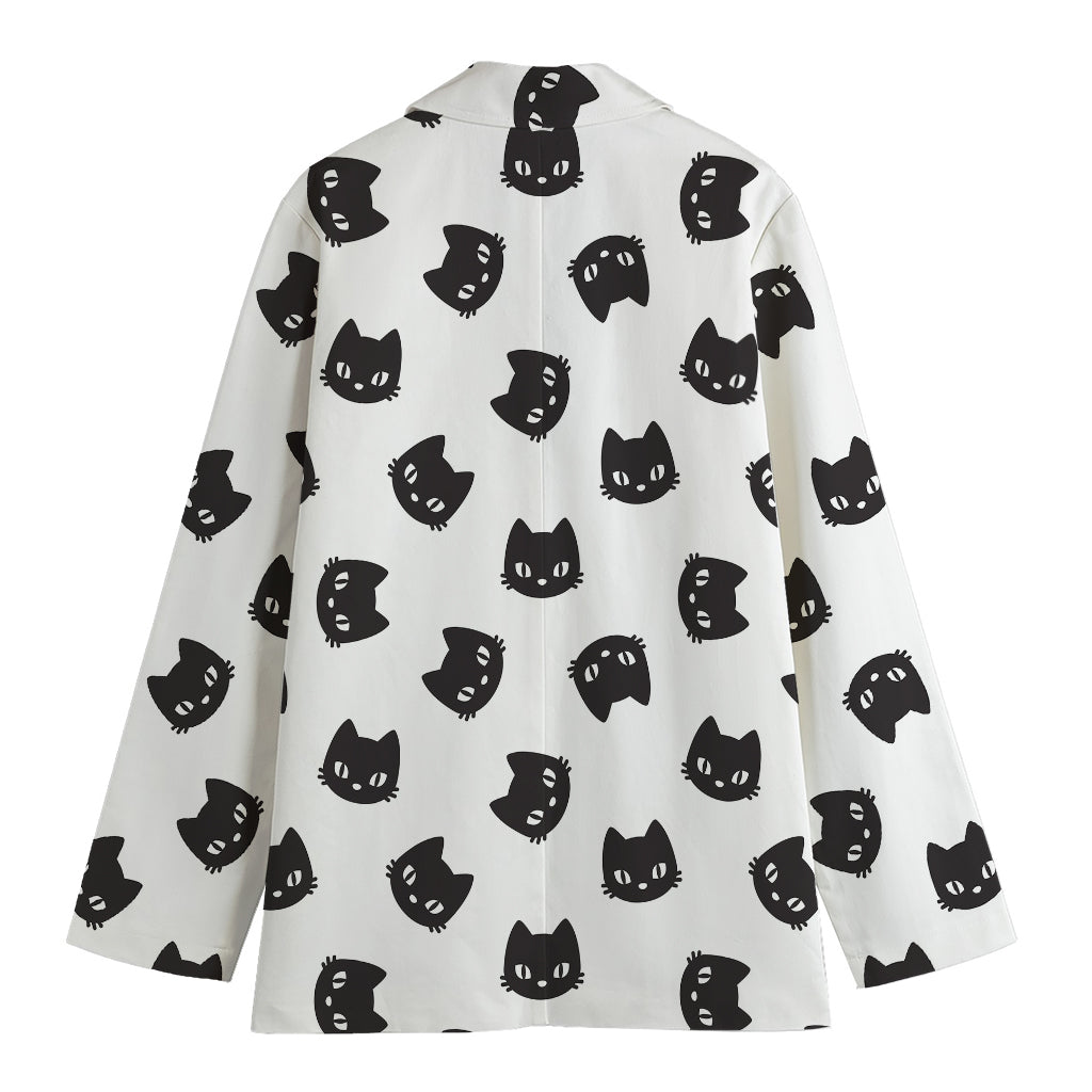 Black And White Cat Pattern Print Women's Cotton Blazer