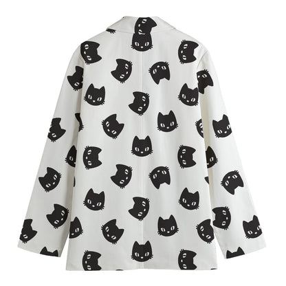 Black And White Cat Pattern Print Women's Cotton Blazer