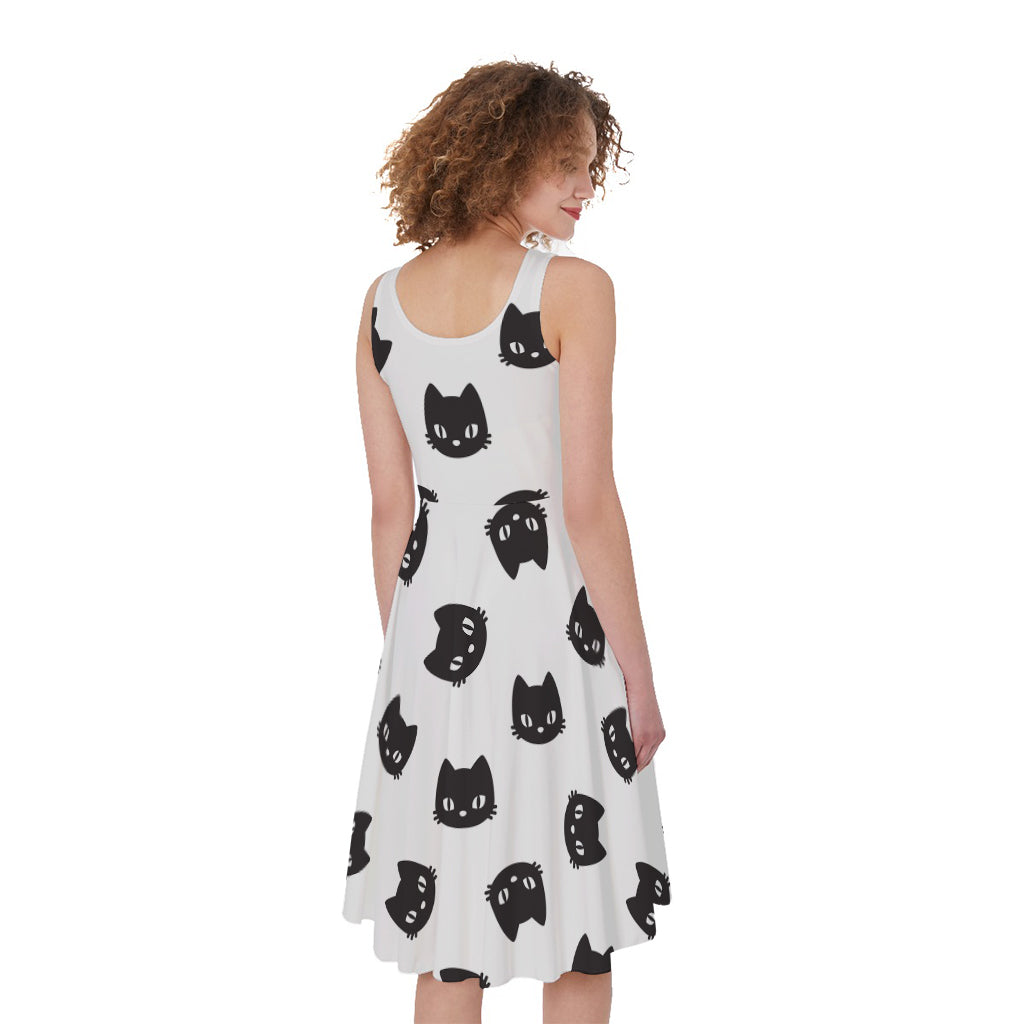 Black And White Cat Pattern Print Women's Sleeveless Dress