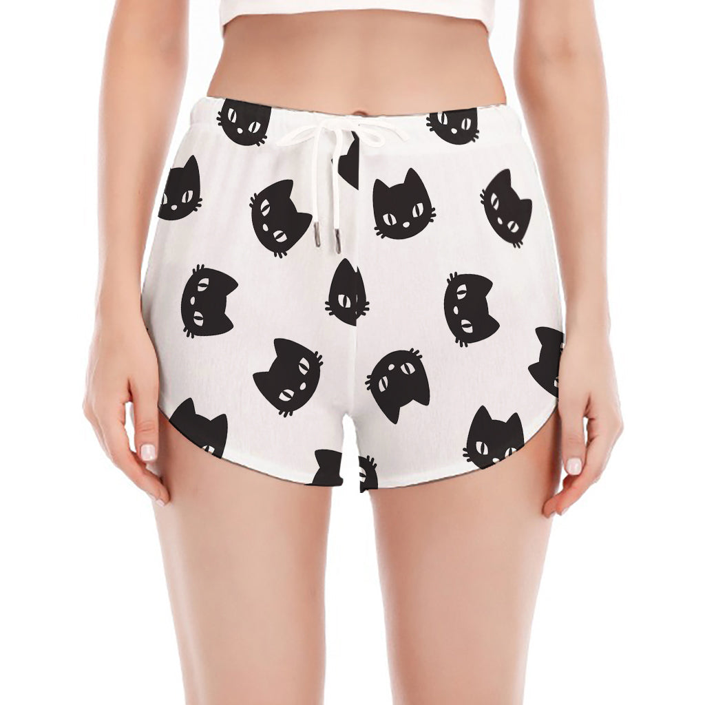 Black And White Cat Pattern Print Women's Split Running Shorts