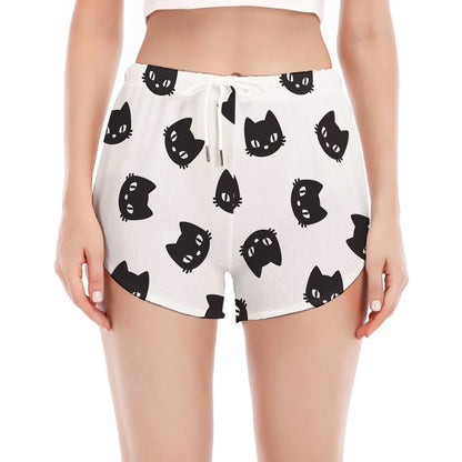 Black And White Cat Pattern Print Women's Split Running Shorts