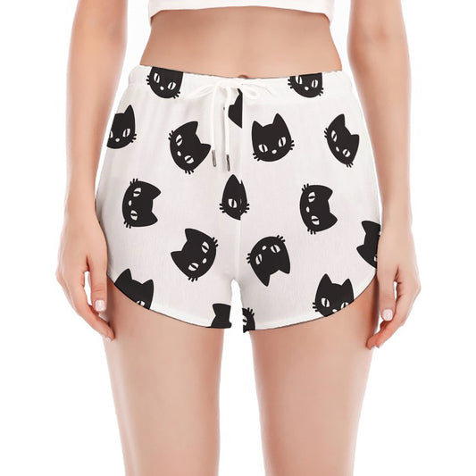 Black And White Cat Pattern Print Women's Split Running Shorts