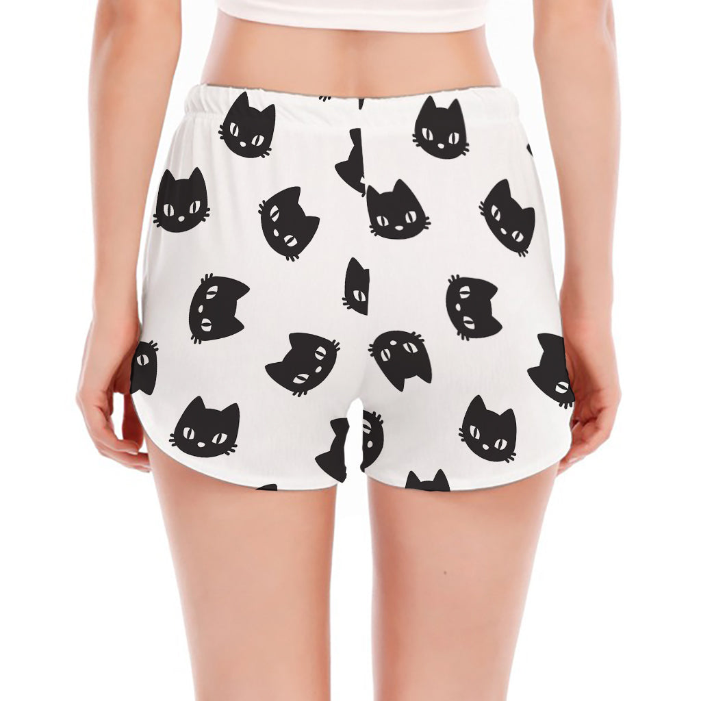 Black And White Cat Pattern Print Women's Split Running Shorts
