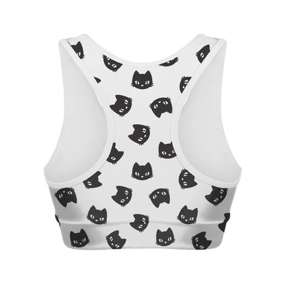 Black And White Cat Pattern Print Women's Sports Bra